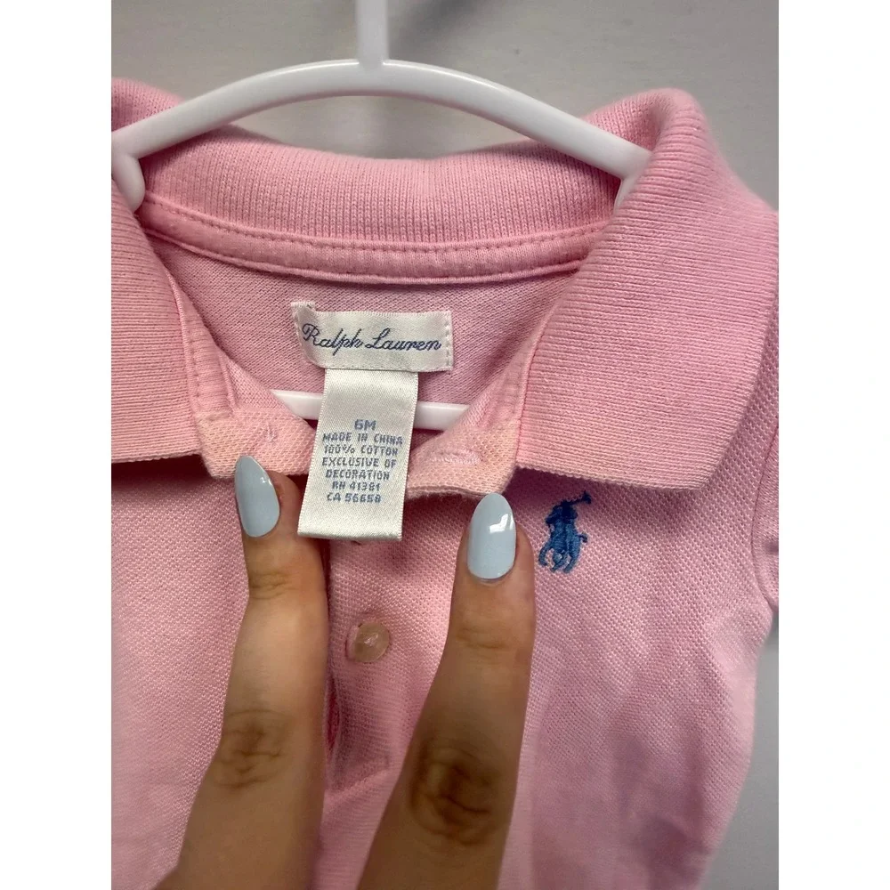 Ralph Lauren Baby Girls Pink Ruffle Polo Romper One Piece 6M Short Sleeve Pique